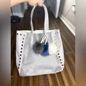 Gray Blue Tote Bag Pom Poms w/ cut out, felt lined y2k